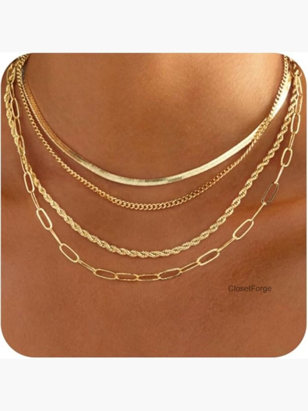 14K Gold Plated Layered Necklace Set - 4 Chains Stack